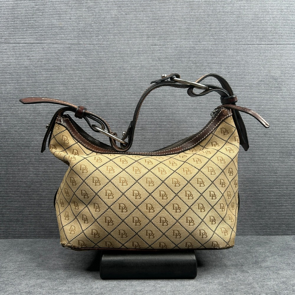 Dooney & Bourke Signature Monogram Canvas Hobo Bag Tan Brown Leather Trim Y2k